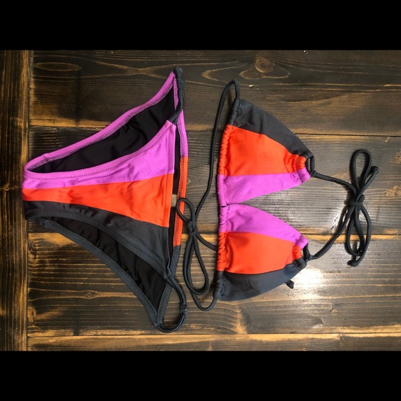 Victoria Secret 2 Piece Purple, Red/Orange & Gray Striped Swimsuit SZ Small - Picture 5 of 6